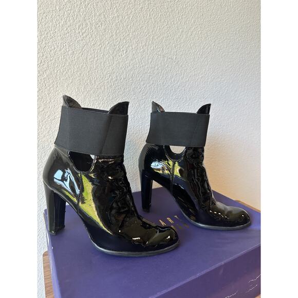 Stuart Weitzman News Black Patent Booties Heels Size 7 with Box - Picture 1 of 3